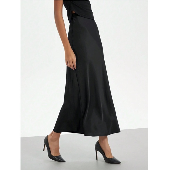 Black Satin A-Line Skirt High Waisted Long - Picture 7 of 12